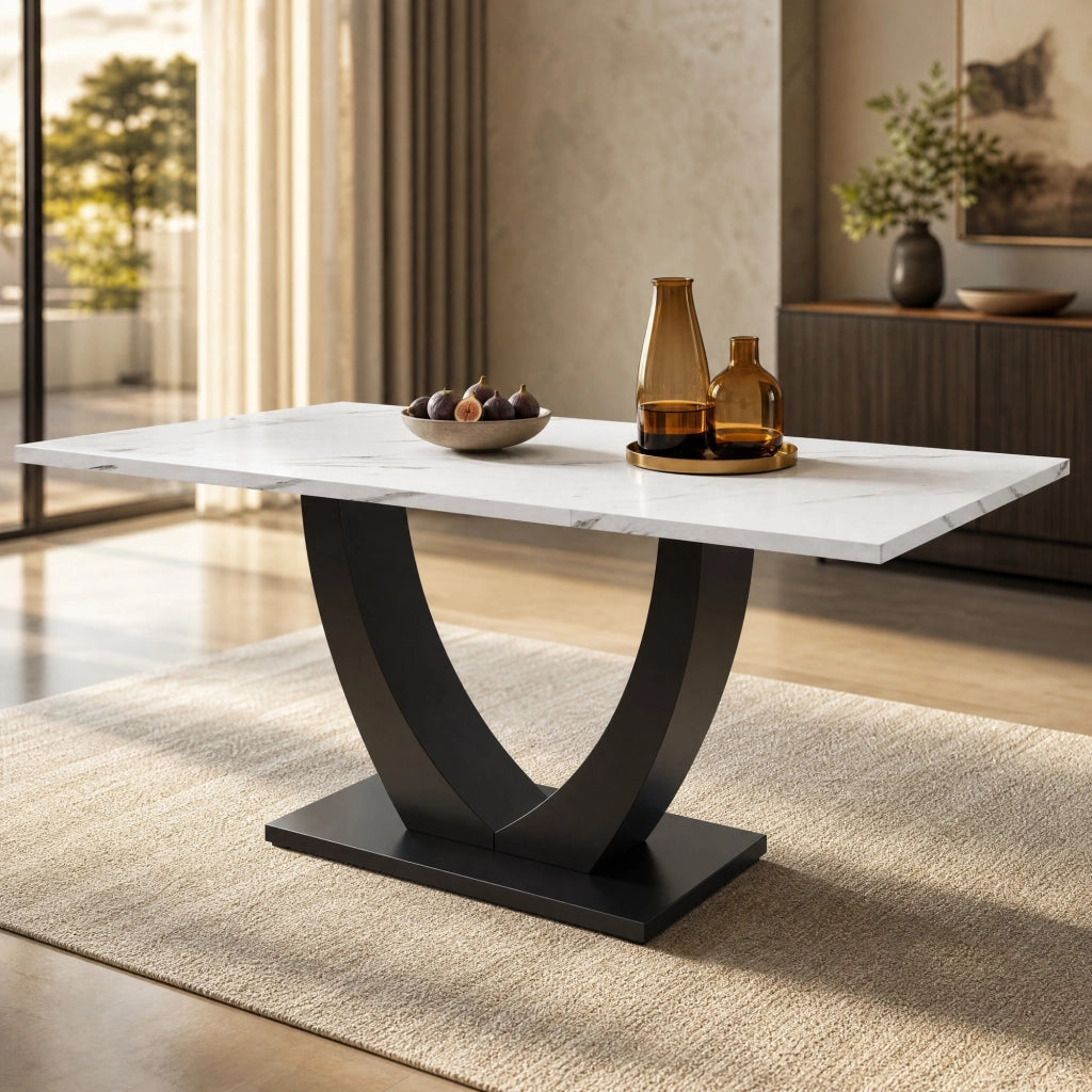 TAVOLO DA PRANZO 140x75,5 cm Effetto Marmo Bianco/Nero in MDF e Metallo