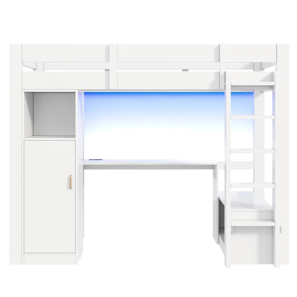 Letto a soppalco 90x200 con scrivania integrata; armadio; LED e struttura bianca