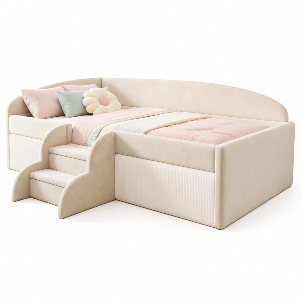 Letto imbottito per bambini 90x190 cm con gradini e sponde in velluto beige