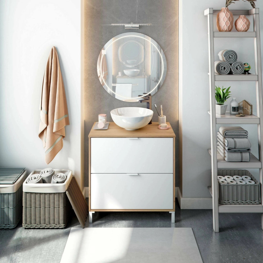Mobile sottolavabo Bellegra, Mobiletto da bagno, Contenitore porta lavabo, Armadio per lavandino, 79x46 h79 cm, Rovere Nodi e Bianco lucido