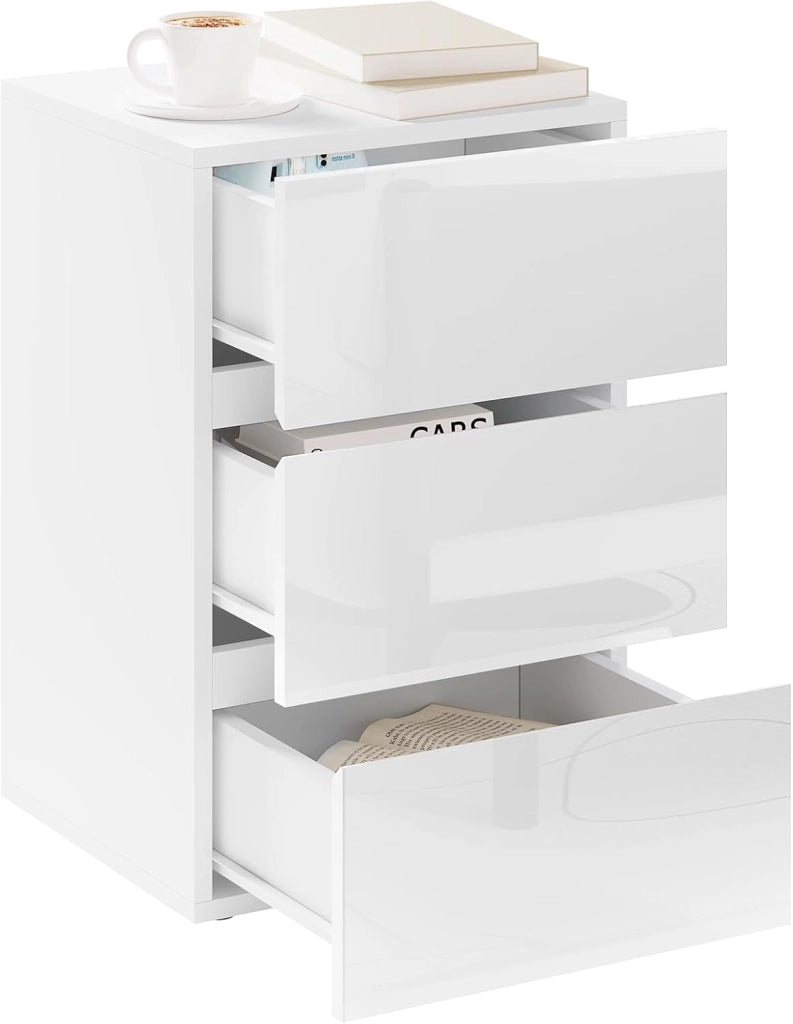 Comodino per Camera da Letto, Mobiletto Bianco con 3 Cassetti, Cassettiera Piccola Salvaspazio in Legno, con Guide Metalliche, Design Moderno, 40x35x62cm