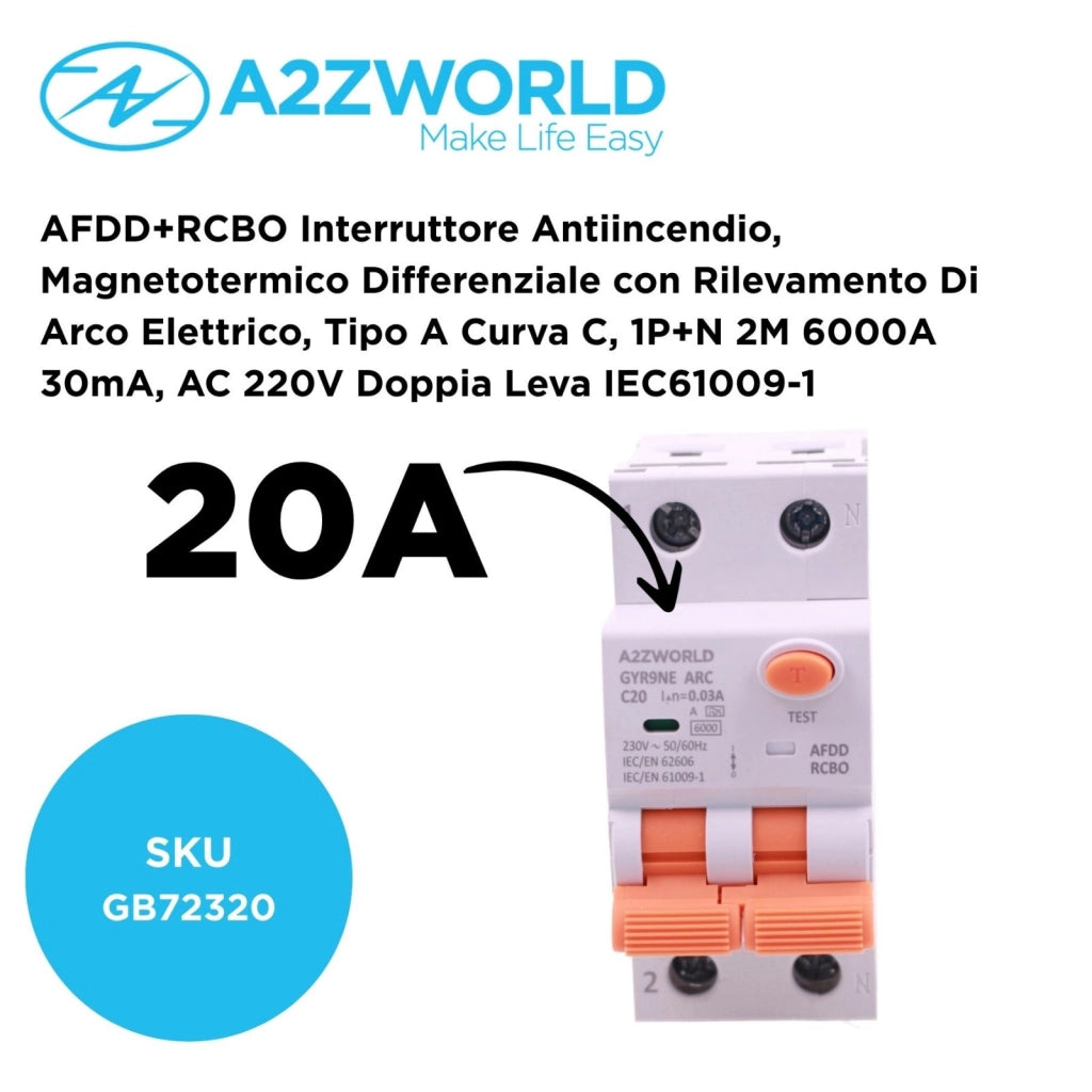 AFDD+RCBO Interruttore Antiincendio, Magnetotermico Differenziale con Rilevamento Di Arco Elettrico, Tipo A Curva C, 1P+N 2M 6000A 30mA, AC 220V Doppia Leva,GYR9NE-ARC,10A 16A 20A 25A 32A 40A (C20A)