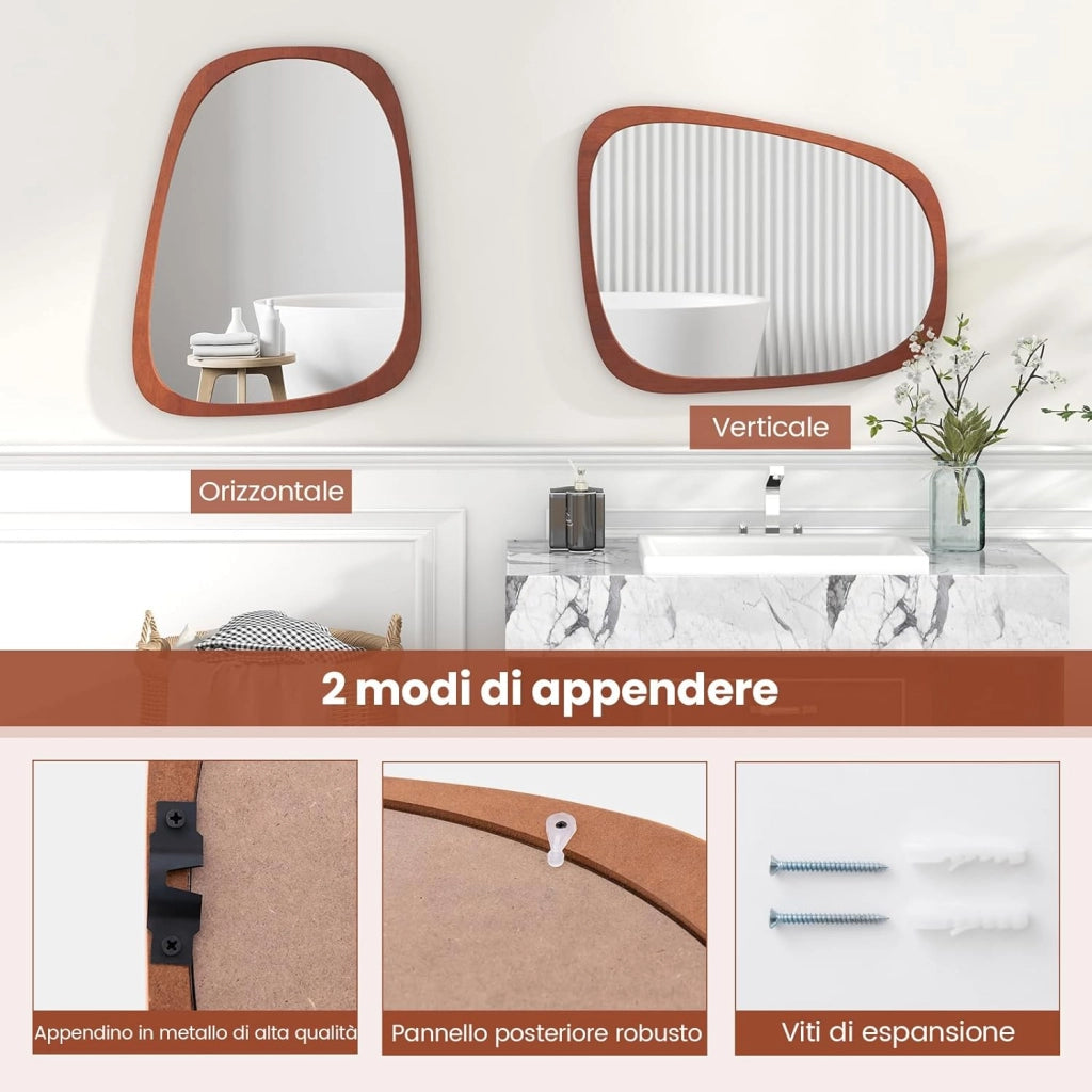 Specchio da Parete Irregolare 68 x 53,5 cm, Specchio Decorativo in HD con Cornice Rustica, Design Astratto, per Bagno Soggiorno Ingresso Sala da Pranzo (68 x 53,5 cm)