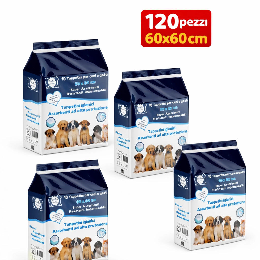 120pz Tappetini Igienici Traversine Cane Super Assorbenti 60x60cm con adesivo