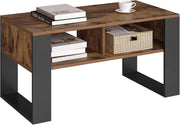 Tavolino da Salotto/Divano con 2 Scomparti Aperti, Tavolino Basso, Tavolo Laterale per Soggiorno, Camera da Letto, in Legno, Marrone Rustico + Nero, 90x45x45 cm, BTS16hov
