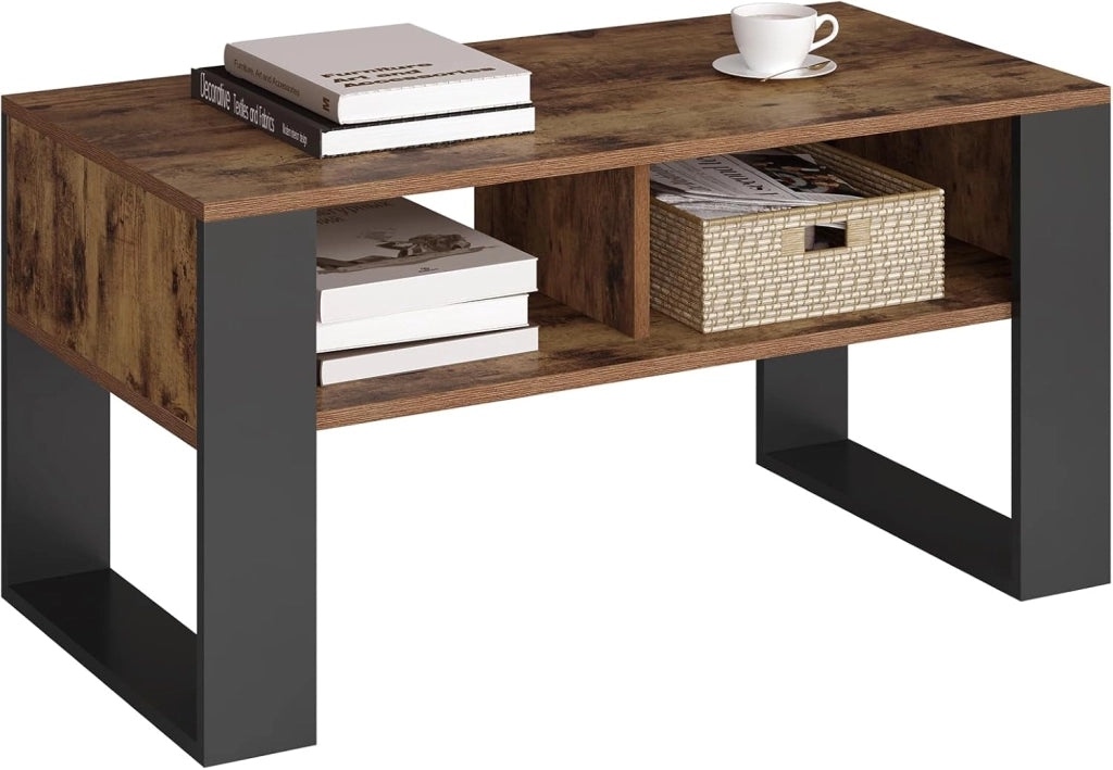 Tavolino da Salotto/Divano con 2 Scomparti Aperti, Tavolino Basso, Tavolo Laterale per Soggiorno, Camera da Letto, in Legno, Marrone Rustico + Nero, 90x45x45 cm, BTS16hov