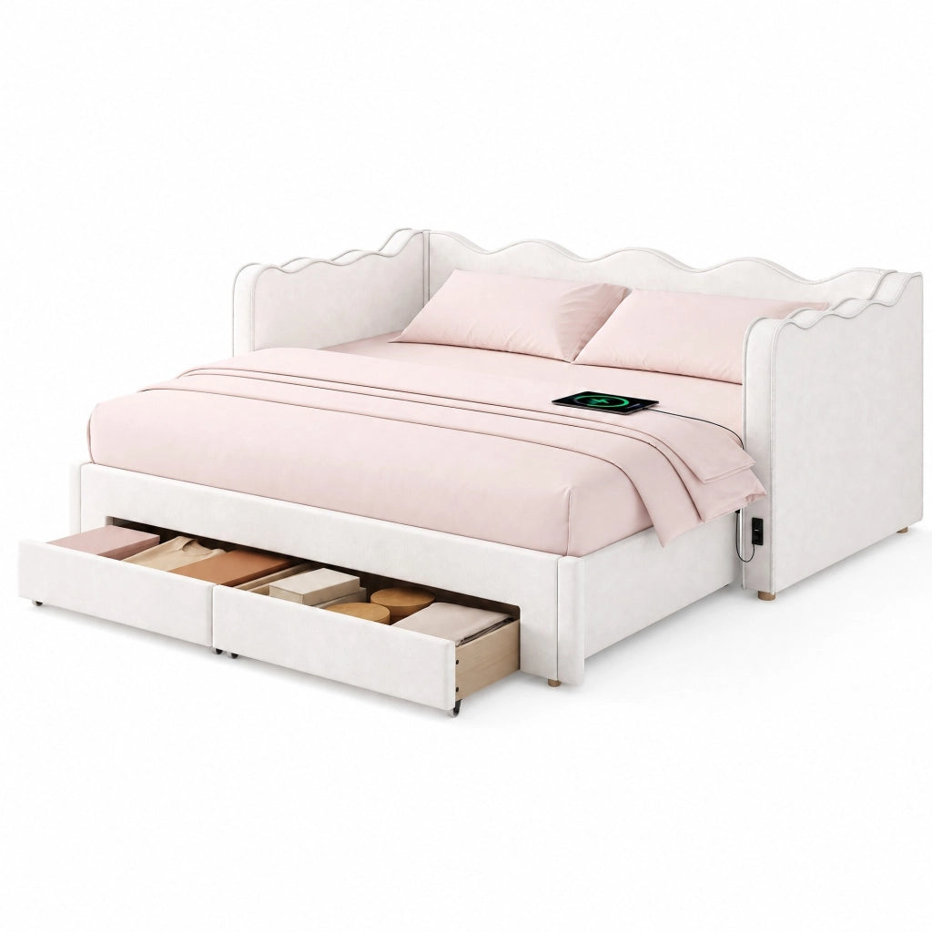 Letto daybed estraibile 90x200 cm con cassetti, USB e tessuto effetto velluto, beige