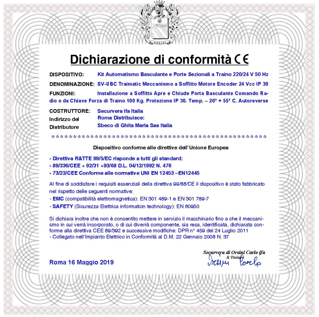 PORTA SEZIONALE KIT AUTOMATISMO ELETTRICO 220/24 V AUTOREVERSE TRAINA 100 KG 3 RADIOCOMANDI SBLOCCO INTERNO SUL CARRELLO