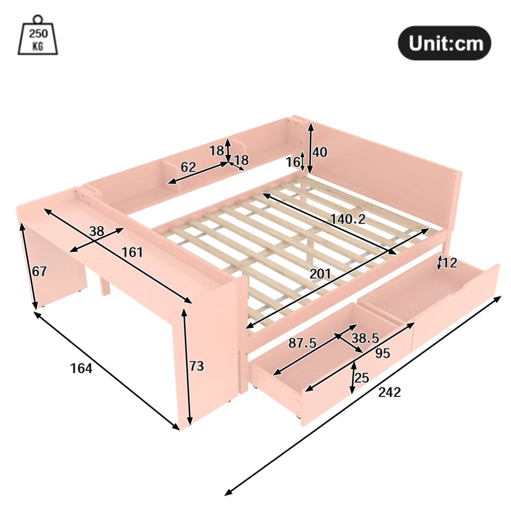 Letto 140x200 cm con scrivania; cassetti e ripiani in legno rosa