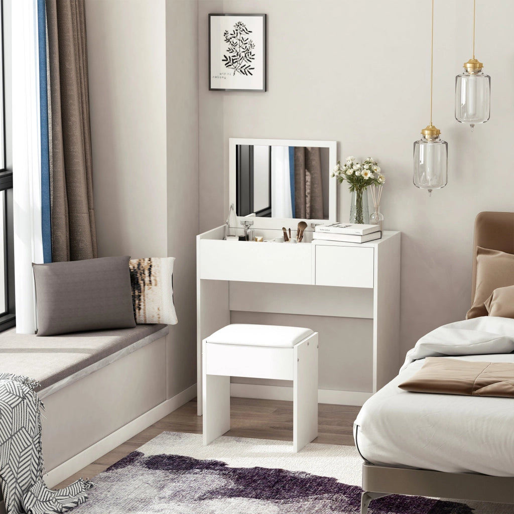 Consolle Trucco con Specchio e Sgabello 80x40x79 cm in Legno Bianca