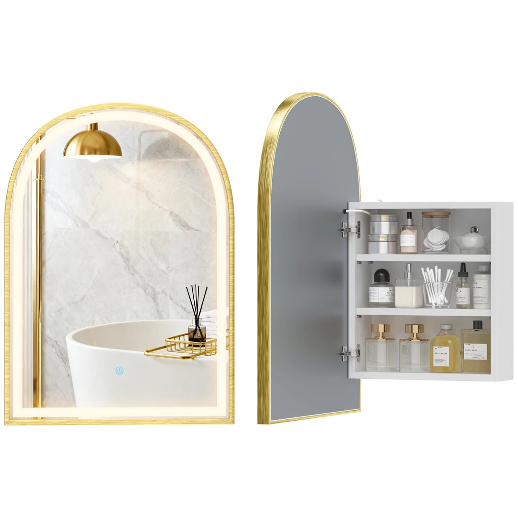 Armadietto da bagno con specchio e luce LED, porta ad arco, anti-appannamento ¨C Zephmum ¨C Dorato 50x14.5x70 cm