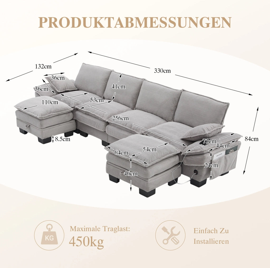 Divano modulare ULEVR 4 posti 330x132x84 cm con 2 pouf contenitore, USB-C e tasche laterali, grigio chiaro
