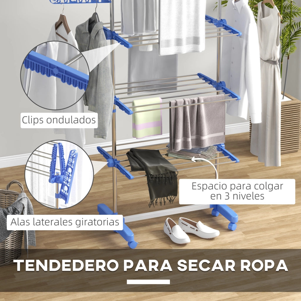 Asciugatoio Verticale a 3 Livelli con 6 Ruote ¨C Zephmum ¨C Acciaio Inox, Blu, 2 Ante Laterali, Ripiani Regolabili
