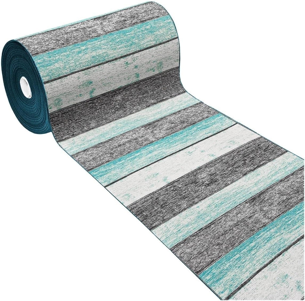 Tappeto Cucina 52x110 cm Bordato Tessitura Piatta Bagno Camera Corridoio Stile Legno Parquet Blu