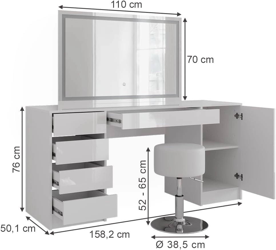 Tavolo da toeletta Sherry, Bianco/bianco lucido, 158.2 cm con specchio LED e sgabello, adatto per la conservazione e l'uso quotidiano in camera da letto