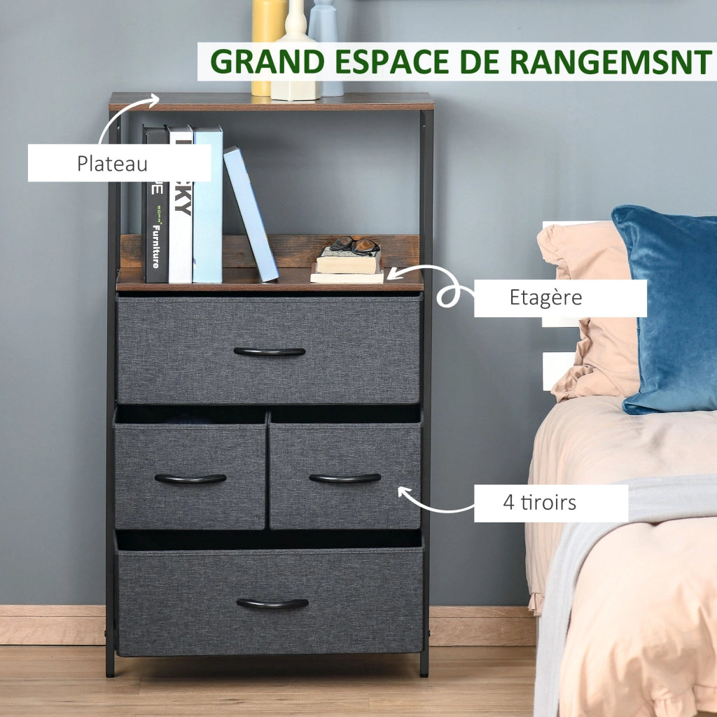 Cassettiera 4 cassetti con scaffali aperti ¨C Zephmum ¨C Grigio scuro tessuto e metallo
