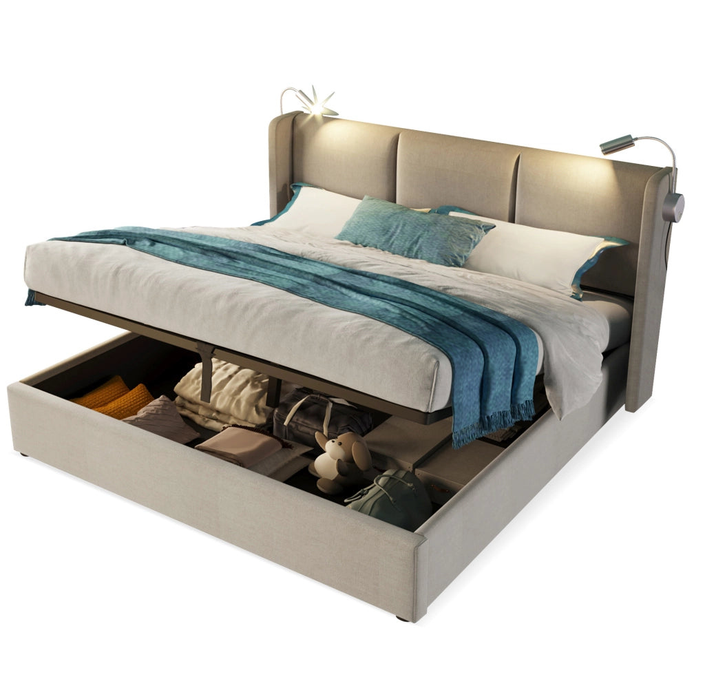Letto matrimoniale imbottito 140x200 cm con contenitore; luce da lettura e USB; beige in lino