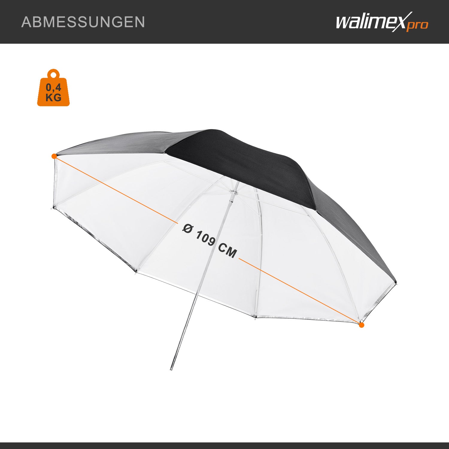 2in1 Ombrello Reflex a luce trasmessa bianco 109 cm - Ombrello riflettente e ombrello a luce trasmessa in uno, ideale per la fotografia di ritratto e l'illuminazione di grandi aree