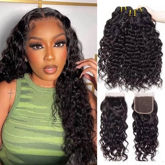 Estensioni per Capelli 100% Onbewerkt Brasiliano - Bundel a Onde d'Acqua - 3 Bundoli - 4x4 Chiusura a Reti di Seta - 14-18+12 Pollici - Capelli di Alta Qualità - Capelli in Bundoli