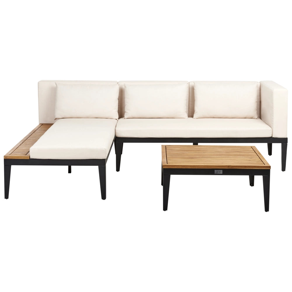 Set di divani angolari da giardino a 3 posti a destra Legno di acacia chiaro certificato Cuscini beige chiaro con tavolino da caffè