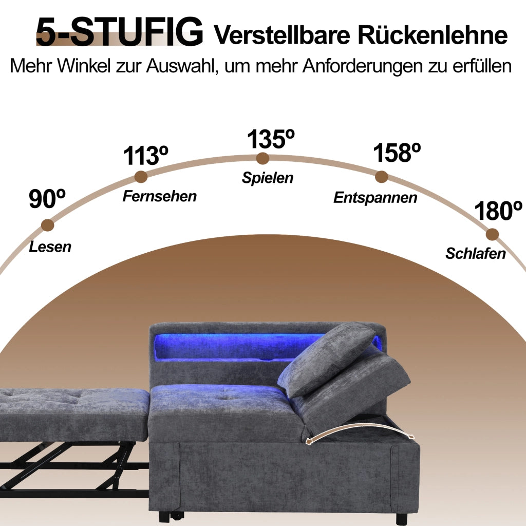 DIVANO LETTO 3 in 1 177x68x65 cm Grigio chiaro in tessuto con LED e USB