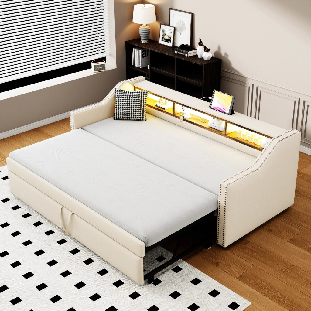 Letto estraibile matrimoniale 90×190 cm e 180×190 cm con LED; USB e ripiani; senza materasso; beige