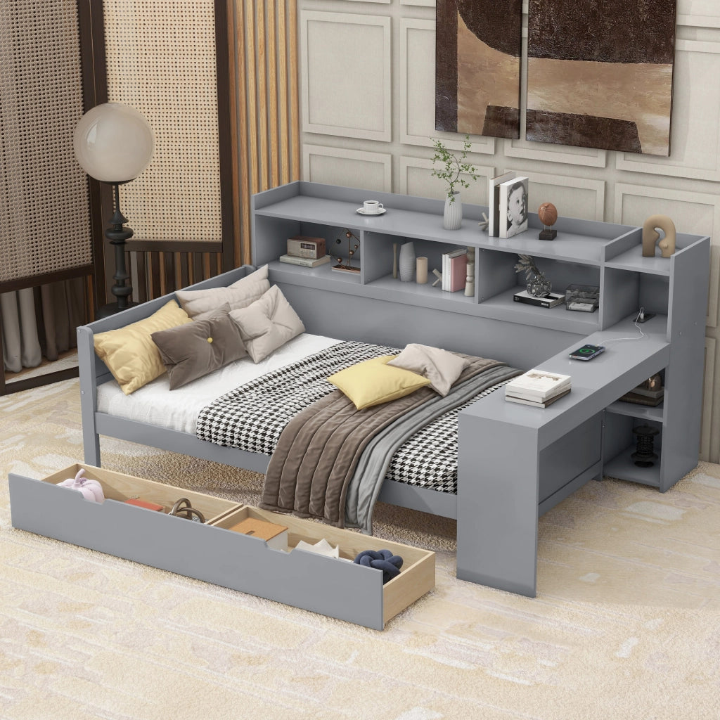 DESMIU Letto a banquette 90 × 200 cm 1 posto con USB, presa, 2 cassetti e scrivania, senza materasso, grigio