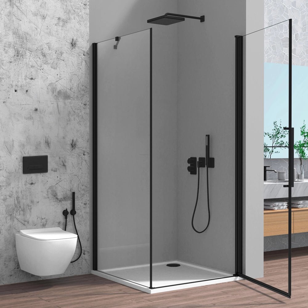 Box doccia angolare 70x70 in vetro temperato trasparente battente con profili nero opaco Neos