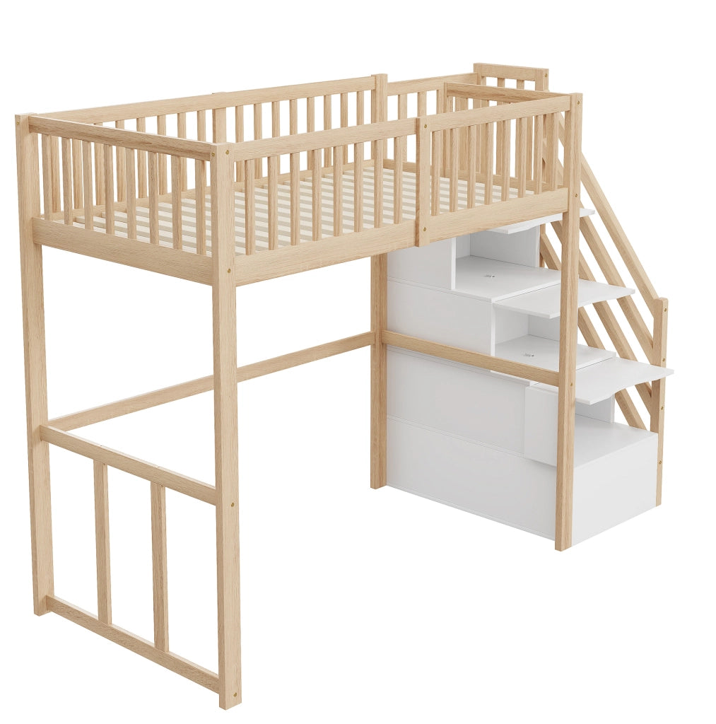 Letto alto 90x200 cm con scala contenitore; legno; colore naturale (Senza materasso)