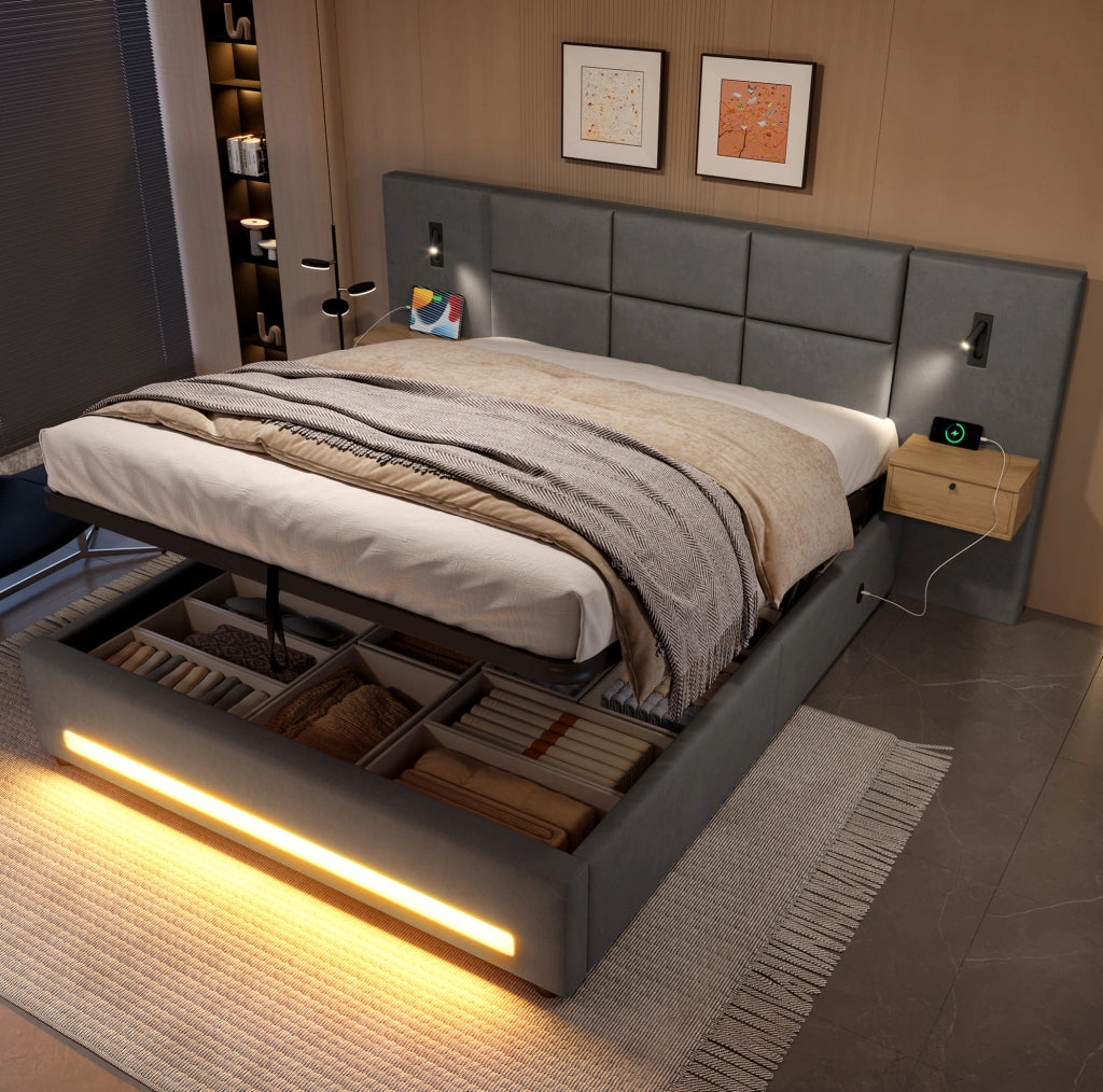 Letto matrimoniale 160x200 cm in velluto grigio scuro con LED