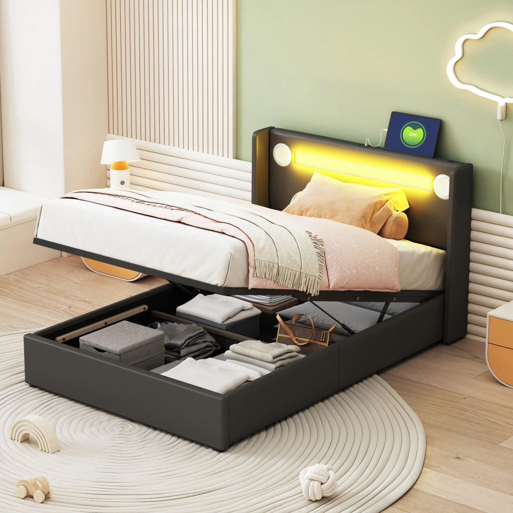 Letto imbottito nero con funzione LED bluetooth e ricarica USB in PU pelle 90x200 cm