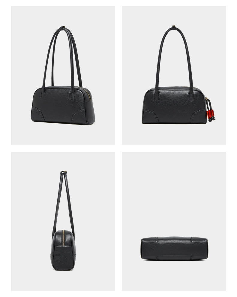 Borsa a mano in vera pelle di grande capacit¨¤, modello bowling, nera