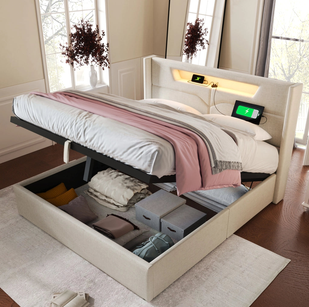 Letto imbottito 140x200 cm beige con LED, USB-C e contenitore