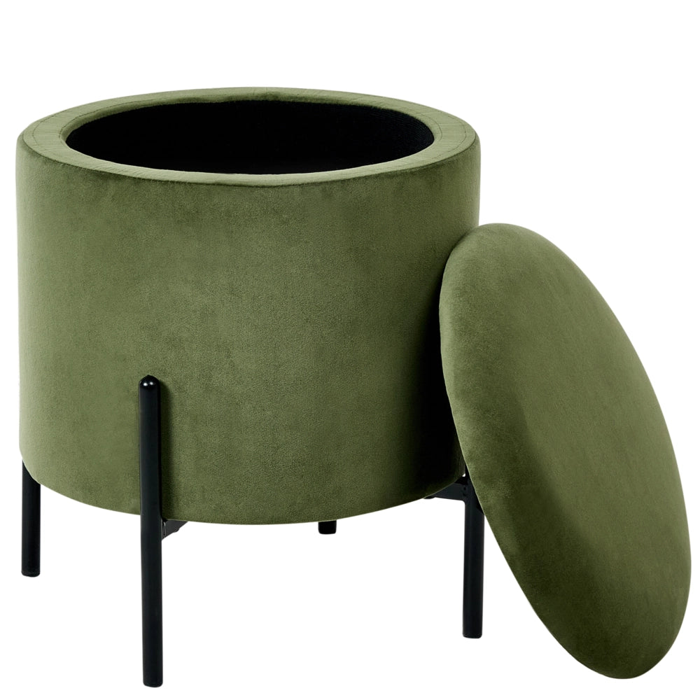 Pouf contenitore con seduta in tessuto velluto e base in legno poggiapiedi rotondo tavolino occasionale verde