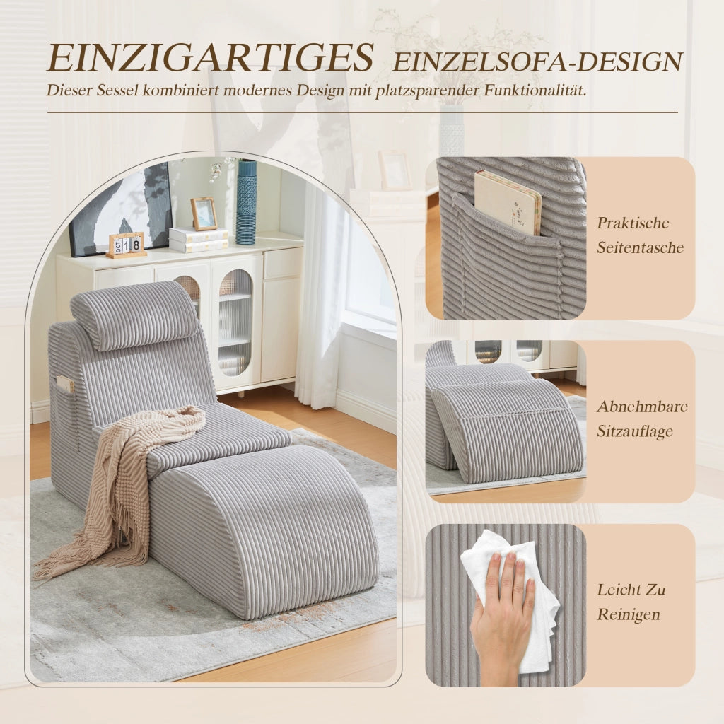 POLTRONA Singola Ergonomica 160x66x90 cm Velluto a coste Grigio Chiaro