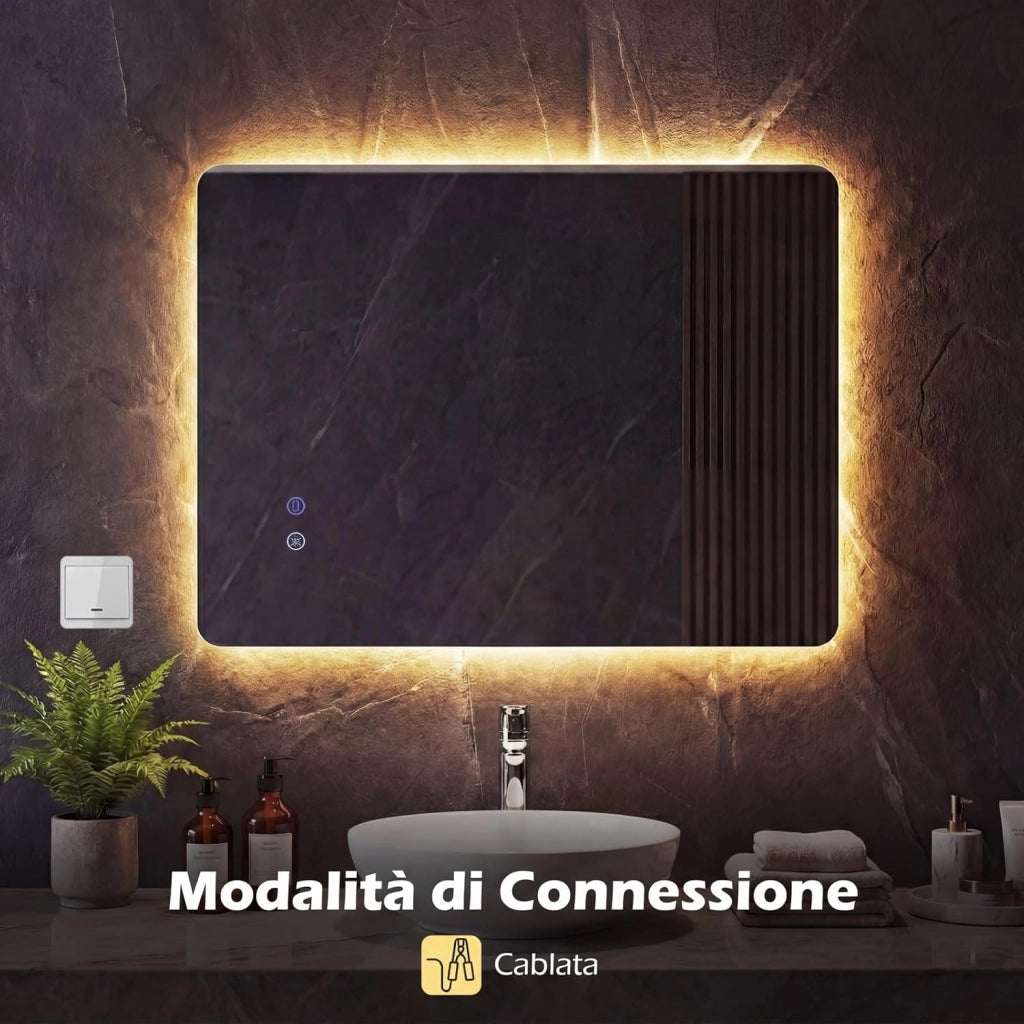 Specchio da Bagno Rettangolare con LED, Specchio da Parete con Luminosità Regolabile, Retroilluminato, Touch Intelligente, Vetro Temperato con Memoria e Anti-Appannamento (70 x 50 x 2,8 cm)