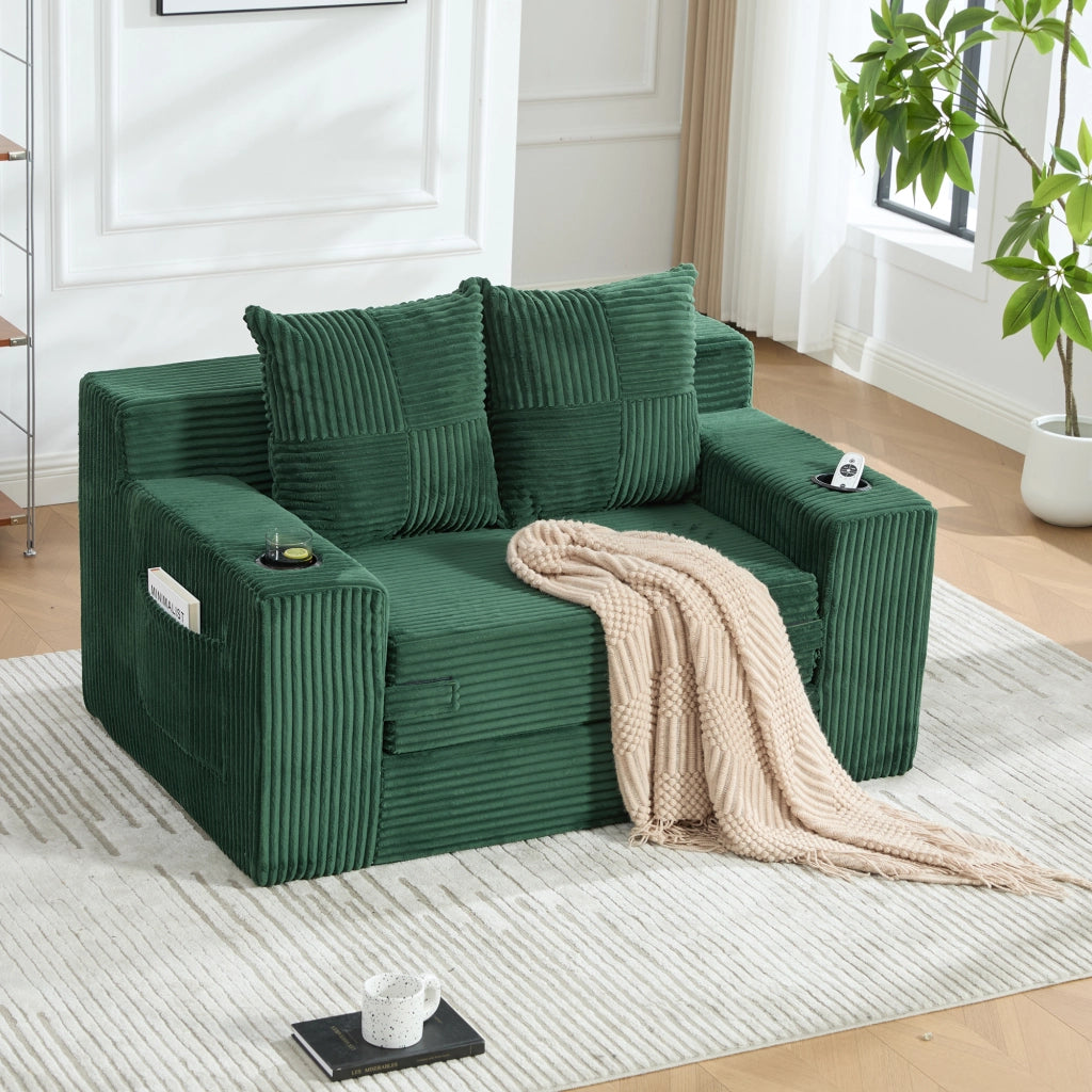 Divano pouf in velluto a coste con 2 cuscini e tasche laterali; 151x133x64 cm; smeraldo