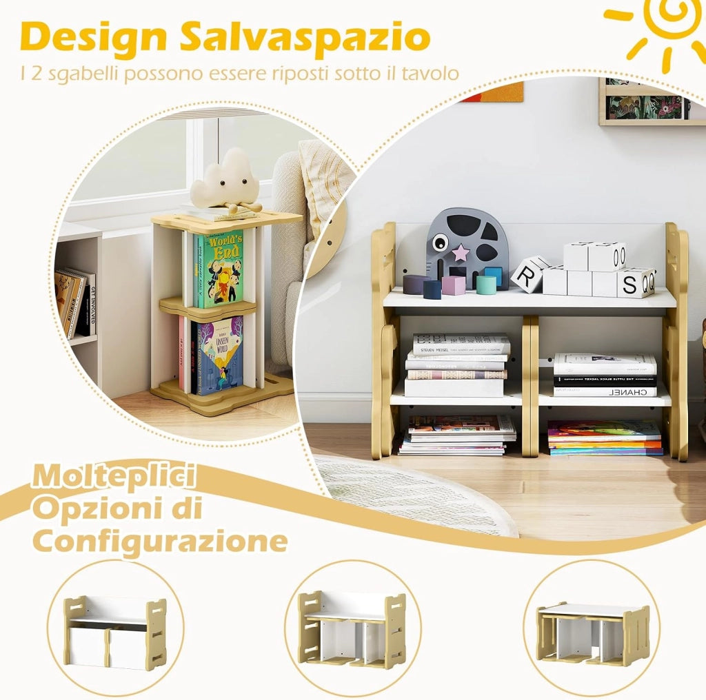 Set Tavolo e Sedia per Bambini, Set 3 Pezzi per Bambini con 2 Sgabelli e Tavolo Attività, Angoli Arrotondati e Maniglia, Mobili Multifunzionali per Casa, Scuola e Asilo (Naturale)