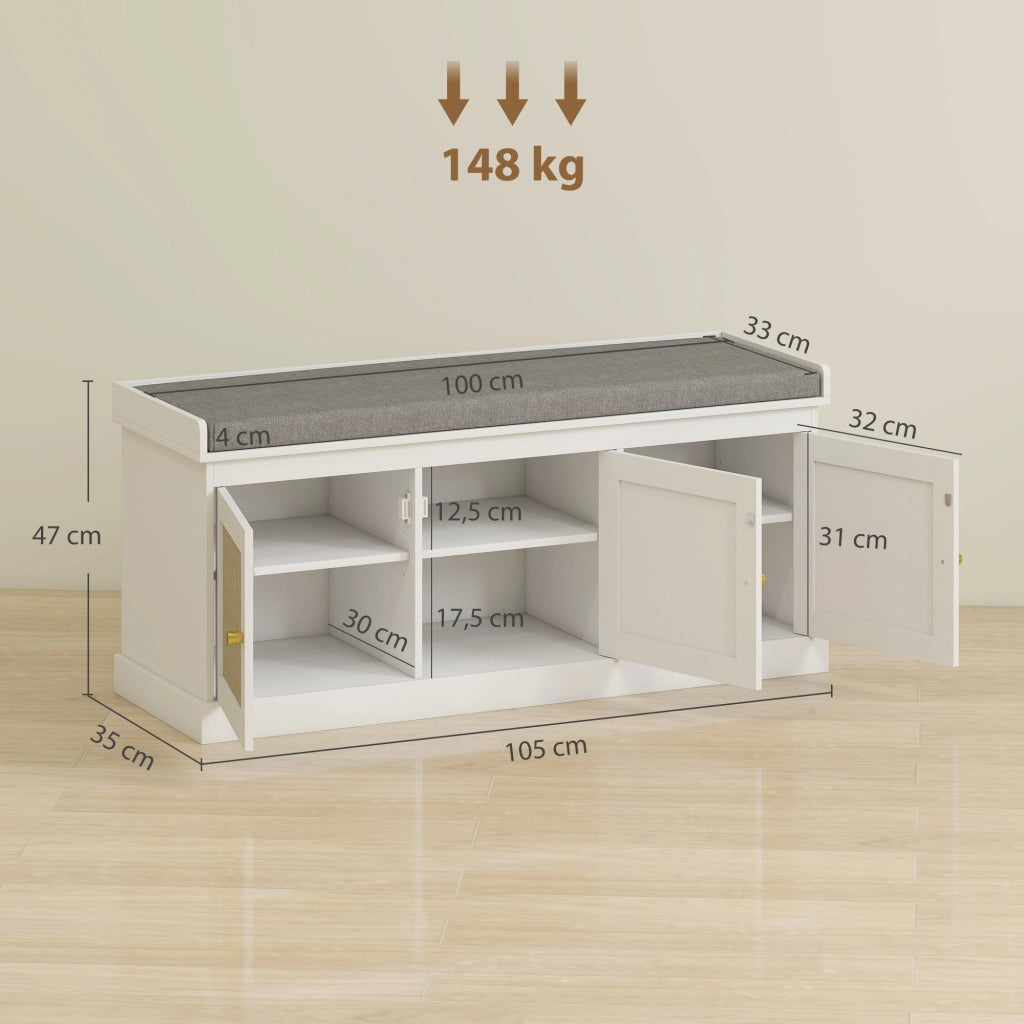Panca portascarpe con 3 ante in rotin, 9 paia, ripiani regolabili e cuscino ¨C Xylo ¨C Bianco 105x35x47cm