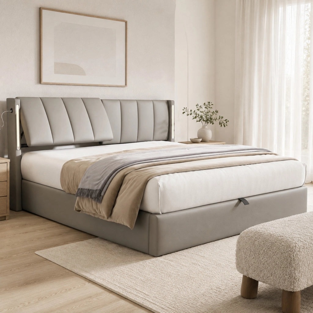 Letto imbottito 140x200 cm con LED; USB; testiera regolabile e contenitore; PU grigio