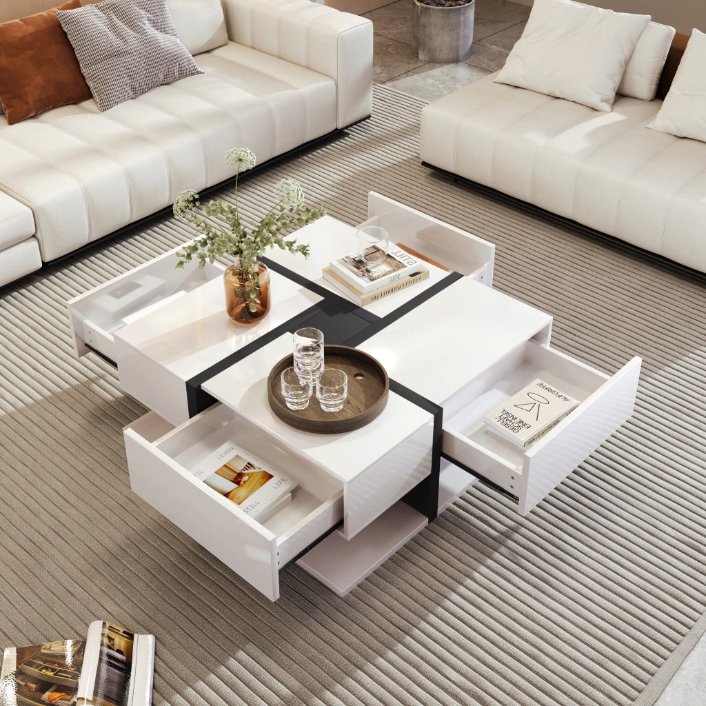Tavolino da Caffè Quadrato con 4 Cassetti e Ripiano; Design a Linee; Bianco Lucido; in Pannello Truciolare; Bianco; 78×78×36 cm