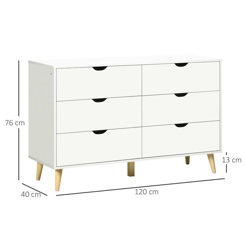 CASSETTIERA 6 CASSETTI CON MANIGLIE LAMINATE, IN LEGNO DI PINO, 120X40X76 CM, BIANCA E COLOR LEGNO