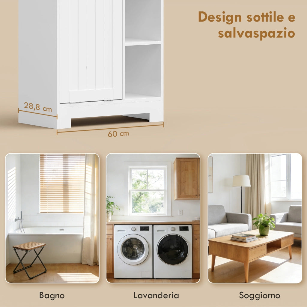 Armadietto da Bagno 60x28,8 x 171 cm conCesto Biancheria Inclinabile in MDF e Tessuto Bianco
