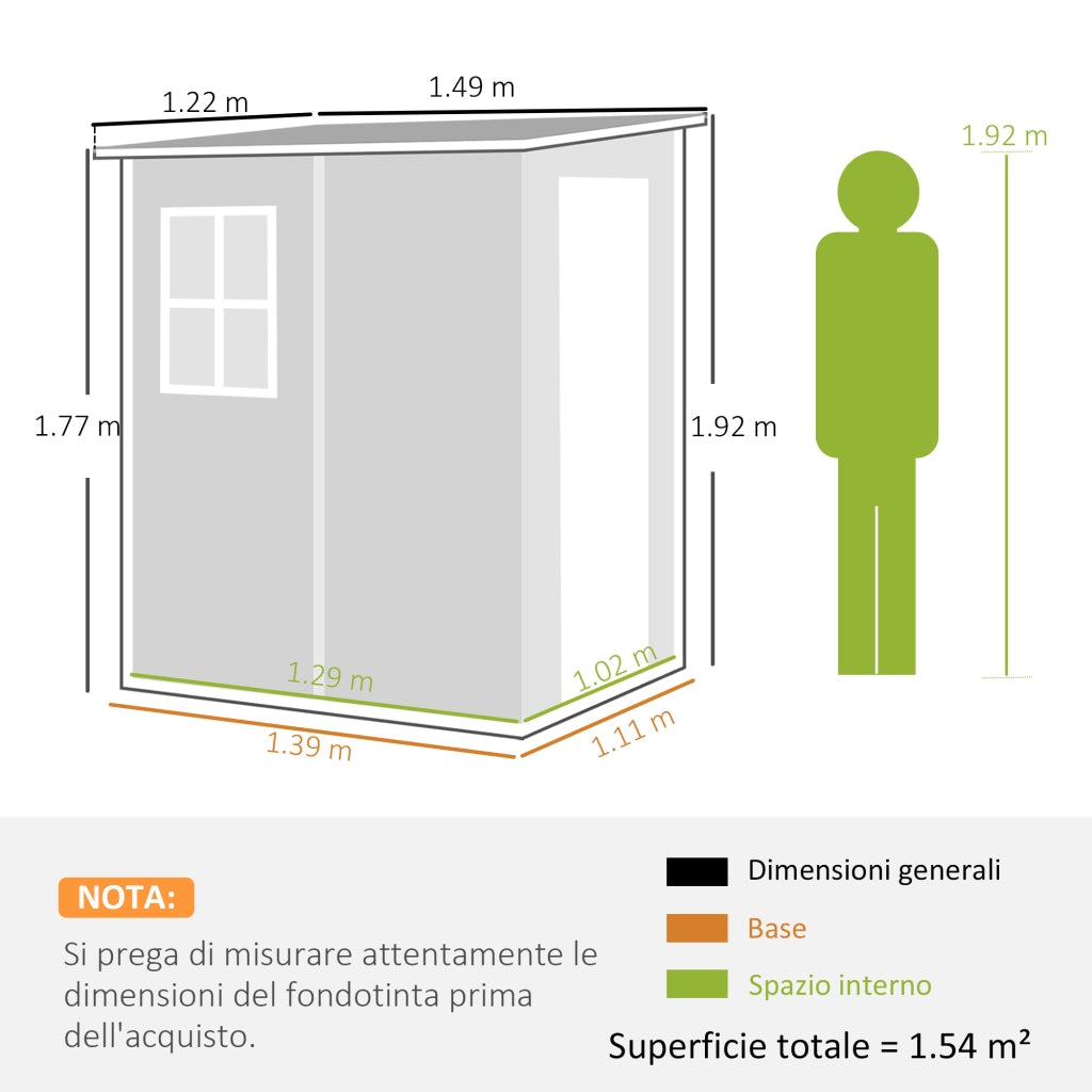 Casetta da Giardino con Finestra e Doppia Porta, in PP e Alluminio, 122x149x192 cm, Grigio