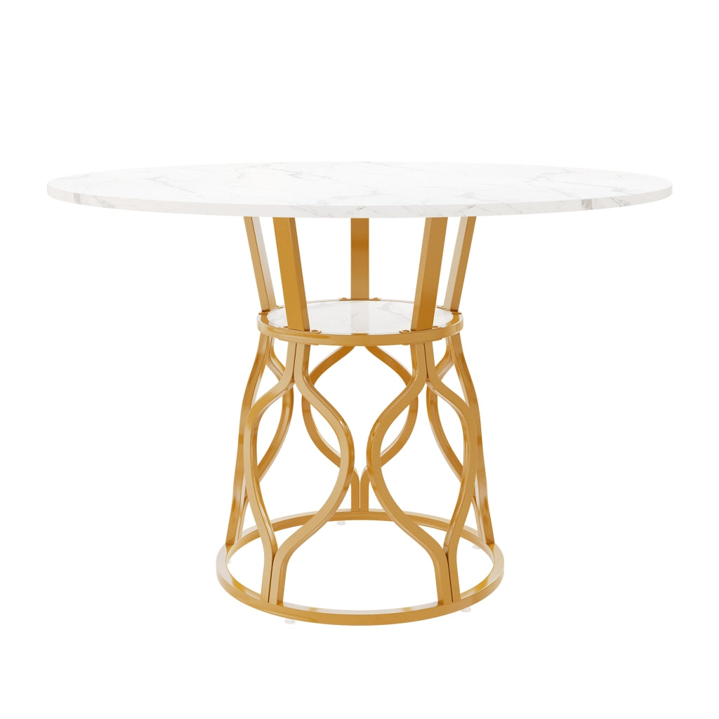 TAVOLO da Pranzo Rotondo 100x100x75 cm Bianco e Oro con Ripiano