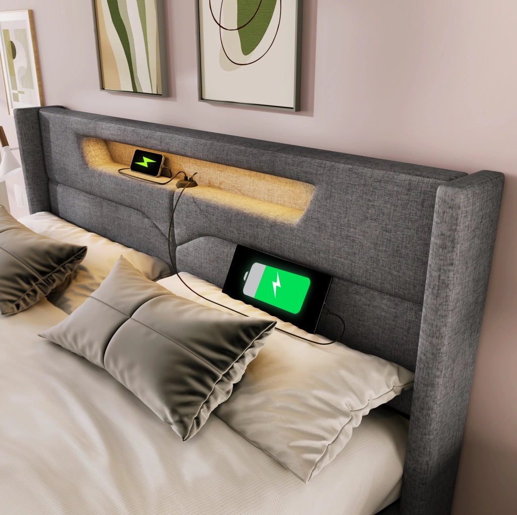 Letto matrimoniale 160x200 cm in tessuto effetto lino grigio con LED; USB e contenitore