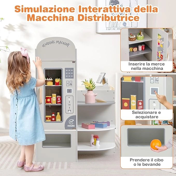 Negozio Alimentare per Bambini, Set di Giocattoli Supermercato in Legno con Cassa, Macchina POS, Distributore Automatico, Lavagna Scrivibile, per Bambini 3 - 8 Anni (Grigio)