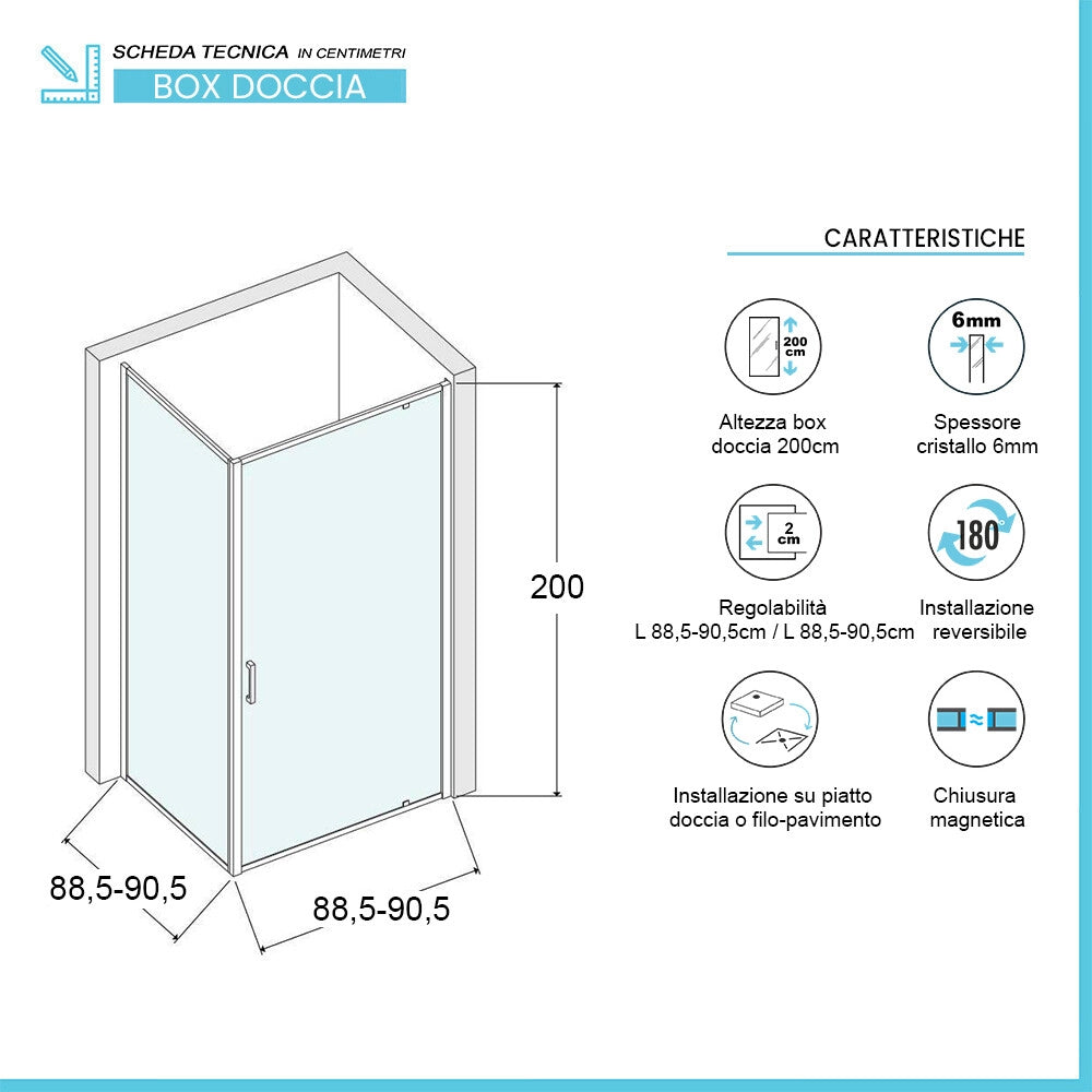 Box doccia angolare 90x90 con porta battente in vetro temperato serigrafato e profili cromo Ted