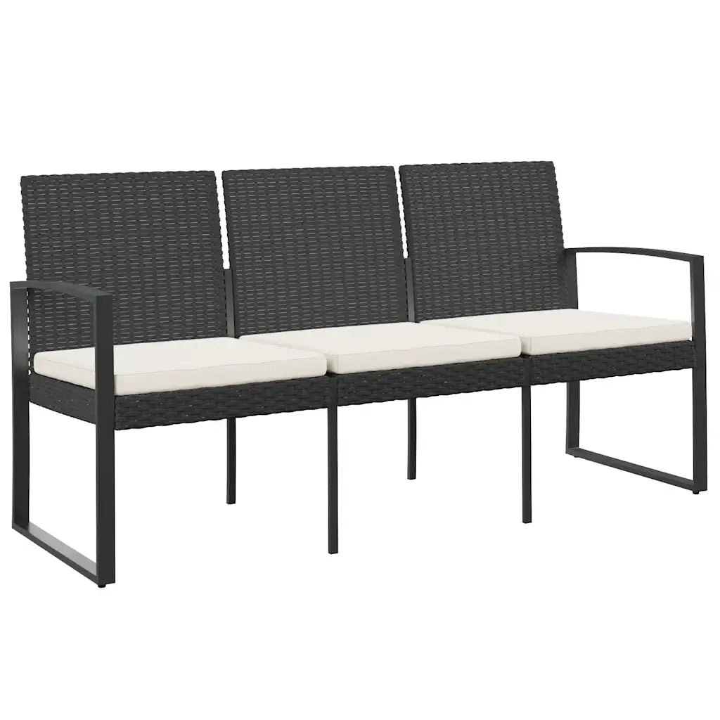 Panca da Giardino-Panca da esterno a 3 Posti con Cuscini in Rattan PP Nero