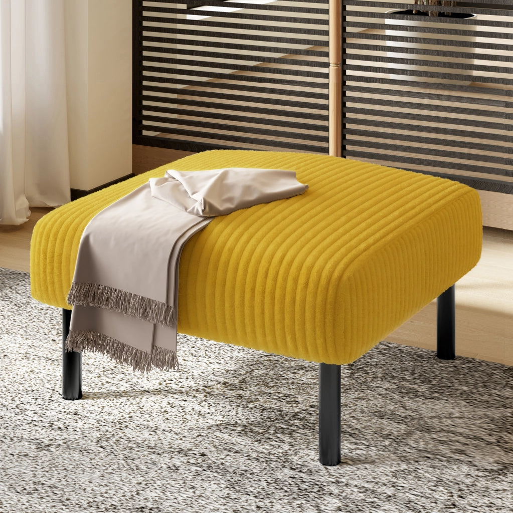 Pouf in tessuto a coste giallo 56 x 51 x 39 cm con struttura in metallo